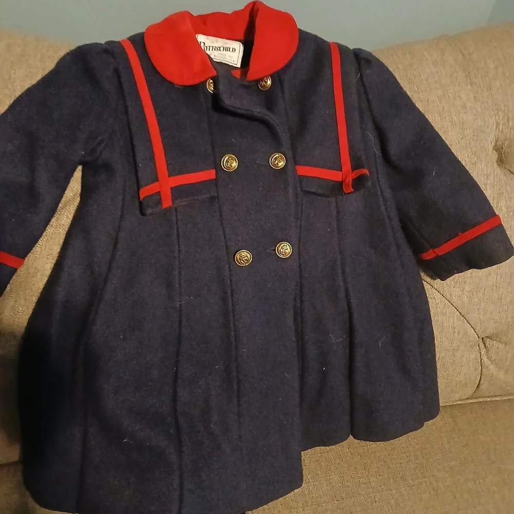 Rothchilds Toddler Girls. Red and Navy Pea Coat with Hat. Size 3 Toddler. - Picture 2 of 16
